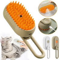 3-in-1 steam brush cat grooming tool with spray, massage, and hair removal features.