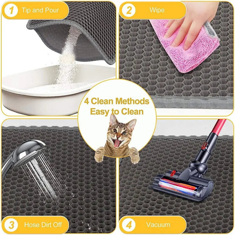 Waterproof double-layer pet cat litter mat with four easy cleaning methods: tip and pour, wipe, hose dirt off, and vacuum.