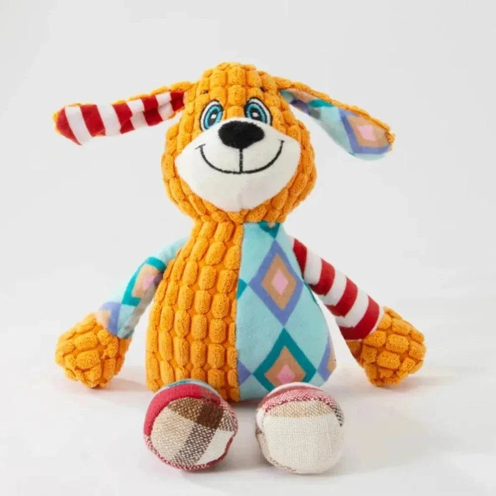 Cute orange plush dog toy with colorful patterns, designed for pets, bite-resistant and squeaky.