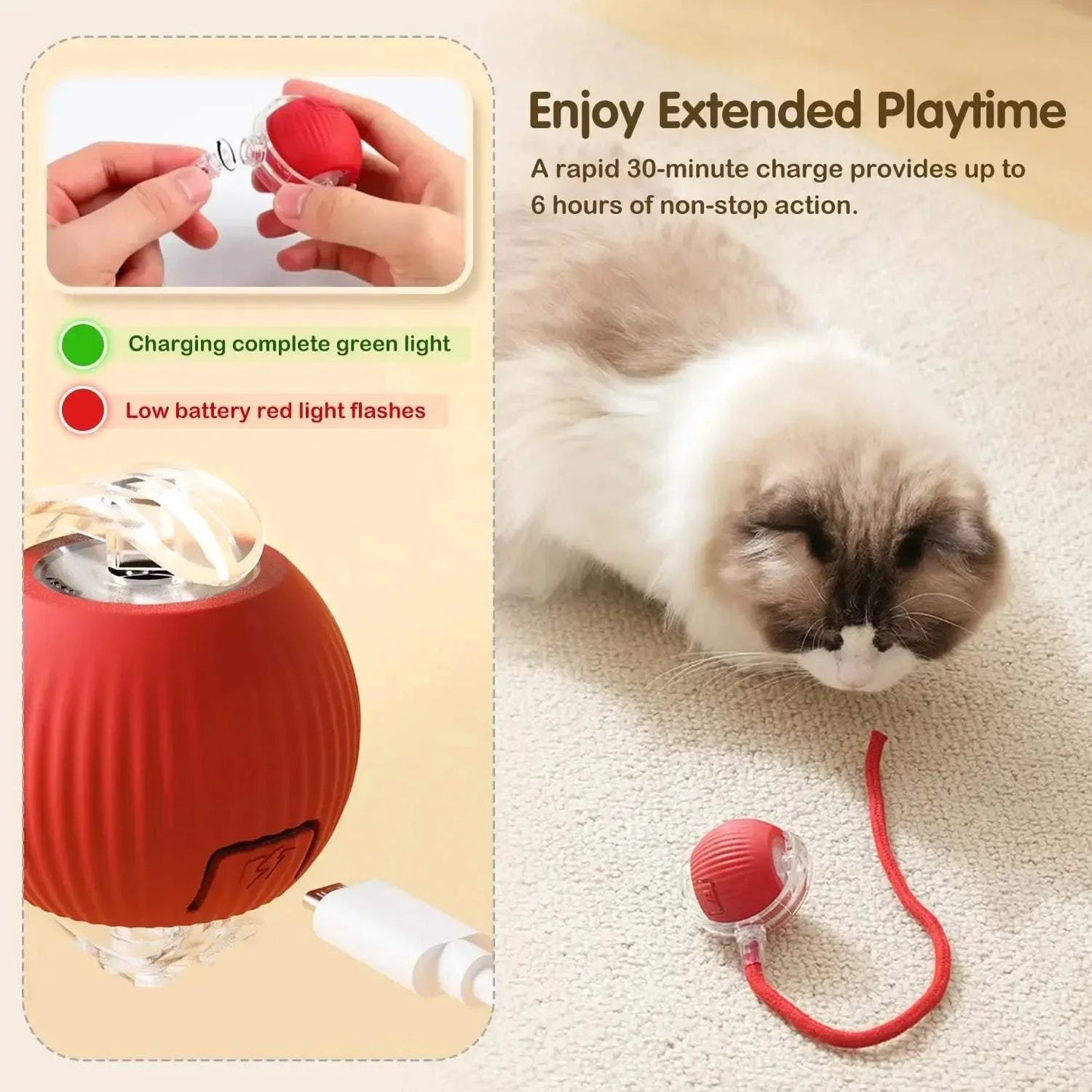 Cat Interactive Ball Toy, Smart Pet Toy with Tail, Rechargeable