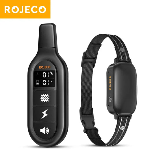 ROJECO Electric Dog Training Collar with remote control, IPX7 waterproof design, and adjustable shock levels for efficient pet training.