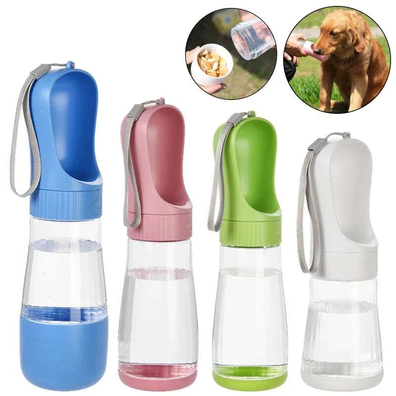 Portable dog water bottle with food container in blue, pink, green, and white; ideal for travel with small to large dogs.