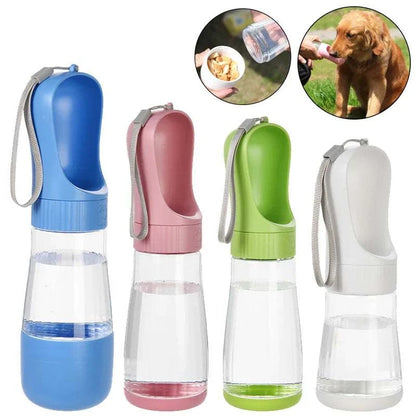 Portable dog water bottle with food container in blue, pink, green, and white; ideal for travel with small to large dogs.